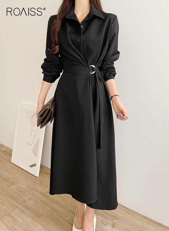 رويس فستان ميدي ملفوف بخصر عالٍ للنساء، فستان أنيق بأكمام طويلة وياقة قميص مع حزام، فستان معطف بسيط بتصميم A-Line يبرز جمال القوام مع تصميم يحدد الخصر، زي أنيق مناسب لفصل الخريف للعمل والمواعيد الرسمية، أسود - Image 1